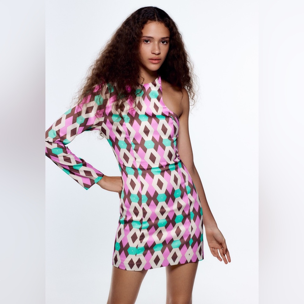 Zara satin effect geometric one-shoulder mini dress.